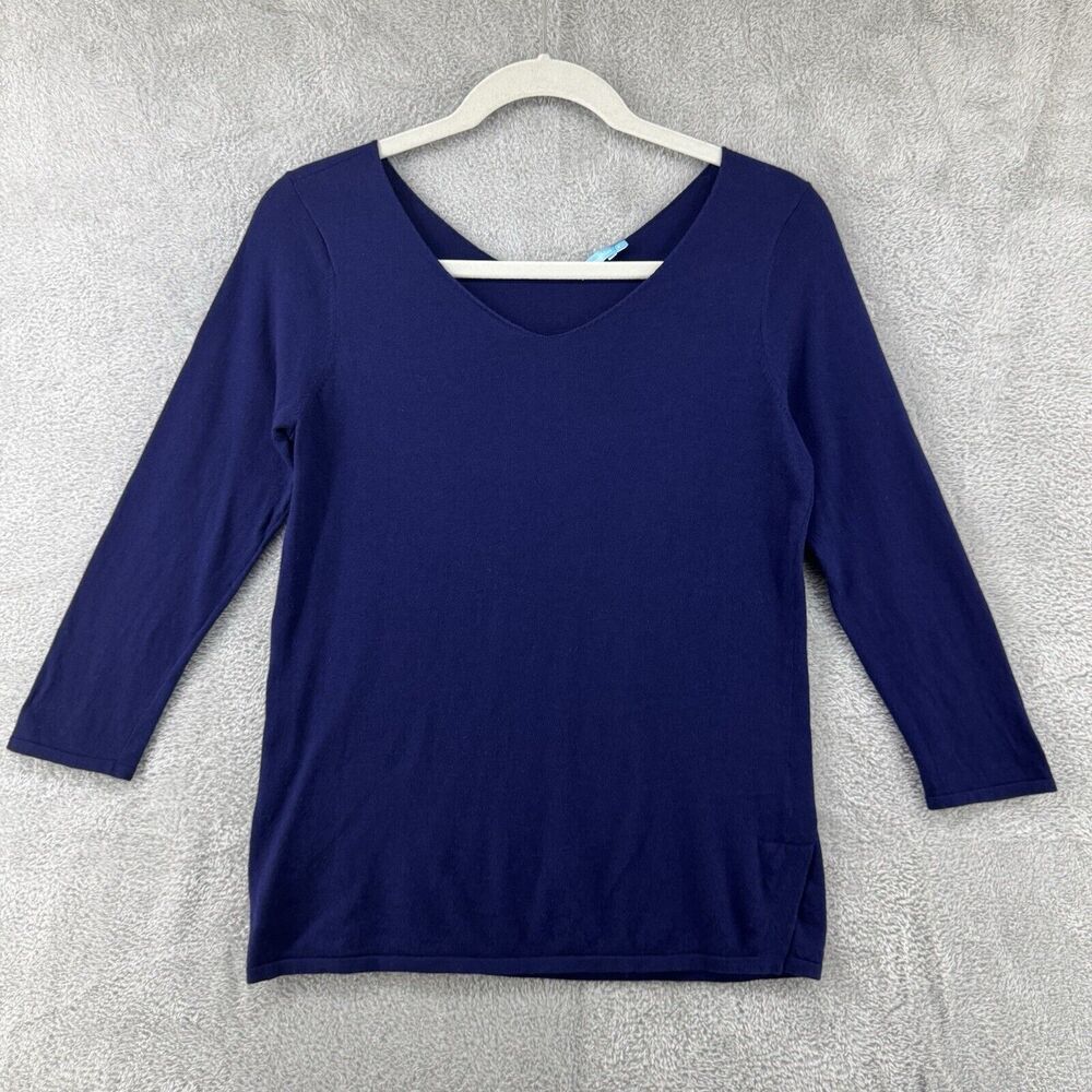J McLaughlin Top Women S Blue Knit Lightweight Cashmere Blend V-Neck 3/4 Sleeve